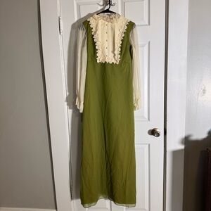 Vintage 1970s Boho Prairie Dress Green Cream S?